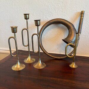 Retro Horn Candle Stick Holders & Brass Horn Wall Hanging Cottagecore Classic